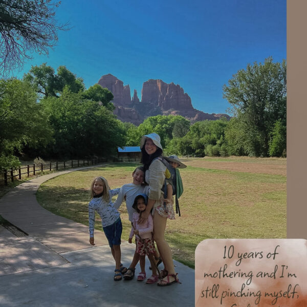 Sedona Mountain View with young mother and her four children wearing active wear and smiling
